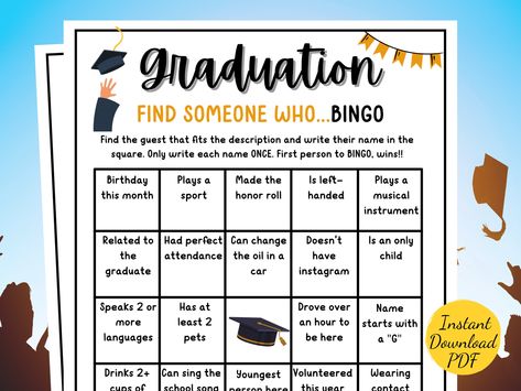 Graduation BINGO Game - Graduation Party Game - Find the Guest Bingo Printable - High School Graduation - College Graduation - Class of 2024 Graduation Bingo, Graduation Game, Find The Guest Bingo, Guest Bingo, Graduation Games, Graduation Party Games, Find The Guest, College Graduation Parties, Honor Roll