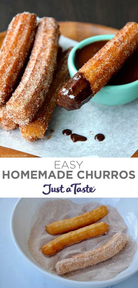 All you need is a few simple pantry ingredients and less than 30 minutes for hot, crispy Homemade Churros rolled in cinnamon-sugar! #justatasterecipes Homemade Churros Recipe, Gooey Desserts, Easy Churros, Easy Churros Recipe, Chocolate Sauce Recipes, Homemade Churros, Chocolate Dip, Chocolate Dipping Sauce, Recipe Thanksgiving