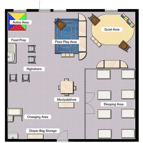 Inspiration for infant area Daycare Floor Plans, Toddler Daycare Rooms, Classroom Floor Plan, Preschool Classroom Layout, Daycare Room Design, Infant Room Daycare, Infant Toddler Classroom, Daycare Setup, Daycare Business Plan