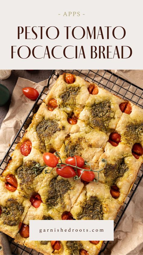 Pesto focaccia bread recipe with cherry tomatoes and sea salt. The perfect bread for special occasions or as a delicious snack! | garnishedroots.com Pesto Focaccia Bread, Pesto Foccacia, Recipe With Cherry Tomatoes, Pesto Focaccia, Tomato Focaccia, Pesto Bread, Foccacia Bread, Focaccia Bread Recipe, Bride Ideas