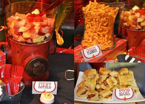 Fire Themed Party Food, Firefighter Food Ideas, Fireman Birthday Party Food, Fire Party Food, Fireman Party Food, Truck Birthday Party Food, Fire Truck Party Food, Firefighter Party Food, Fire Truck Birthday Party Ideas