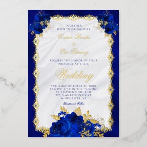 $3.95 | Elegant Navy Blue Floral Wedding Gold #elegant wedding, real gold foil, white satin, luxury, formal, monogram, jeweled filigree, script calligraphy, royal blue floral, navy blue Blue Quinceanera Theme, Blue Gold Wedding Invitation, Royal Blue Wedding Invitations, Blue Gold Wedding, Blue Floral Wedding, Blue Birthday Parties, Gold Foil Invitation, Quinceanera Themes, Royal Blue Wedding