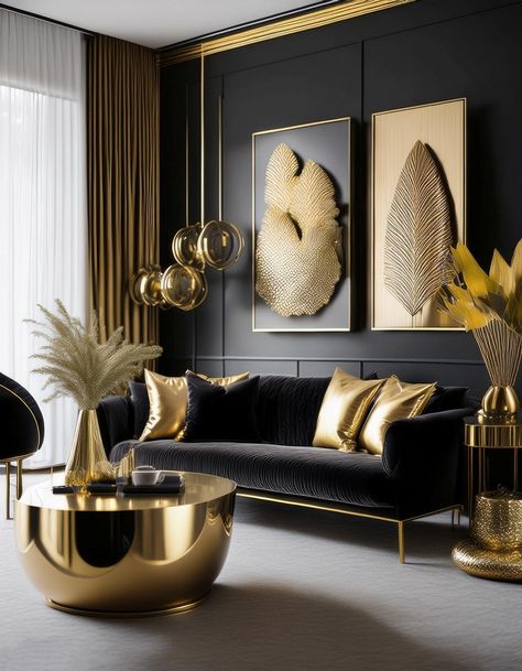 Furnishings and Bold Accents Gray Black Gold Living Room Ideas, Grey And Gold Home Decor, Gold And Grey Living Room, Dark Gray Sofa Living Room Ideas, Dark Grey Sofa Living Room, Gold Interior Design, Gray Sofa Living, Black And Gold Living Room, Art Deco Living