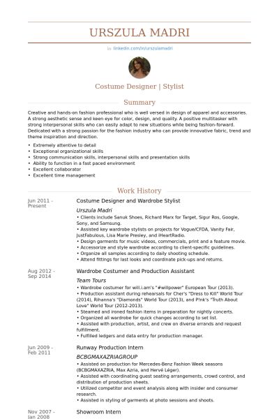 costume designer /  wardrobe stylist Resume example Wardrobe Stylist Aesthetic, Fashion Stylist Resume, Resume Profile, Designer Wardrobe, Cv Examples, Job Resume, Costume Designer, Wardrobe Stylist, Cv Template