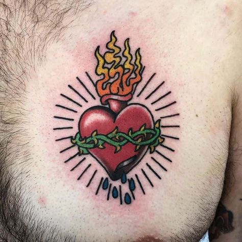 Traditional Tattoo Names, Traditional Sacred Heart Tattoo, Heart Flower Tattoo, Traditional Heart Tattoos, Anniversary Tattoo, Sacred Heart Tattoos, Tattoo Old School, Religious Tattoo, Female Tattoo Artists