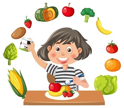 Vector girl eating healthy breakfast | Premium Vector #Freepik #vector #girl-drawing #cartoon-drawing #food-clipart #happy-cartoon Eating Healthy Foods Clipart, Healthy Eating Drawing, Healthy Cartoon, Classroom Rules Display, Drawing Food, Vector Girl, Girl Eating, Healthy Eating Breakfast, Ballerina Art