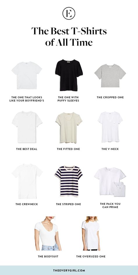 The Best T-Shirts to Have in Your Closet | The Everygirl T Shirt Capsule Wardrobe, How To Dress Like A Minimalist, Must Have Basic Tops For Women, Basic Clothes To Have, T Shirts Style Ideas, Basic Pieces Of Clothing, Where To Get Basics, How To Style Basic Tees, Basic Tees Women