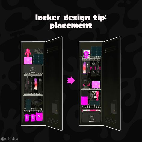 some people asked for some tips and tutorials for how i make my lockers and here's a placement guide! lmk if you are interested in more like this! (sticker tips, how to stick to a theme, etc) :) Splatoon 3 Outfits Ideas In Game, Splatoon 3 Lockers, Splatoon 3 Outfits Ideas, Splatoon 3 Locker Ideas, Splatoon Outfit Ideas, Splatoon Locker Ideas, Splatoon Outfits, Splatoon Locker, Splatoon Clothes