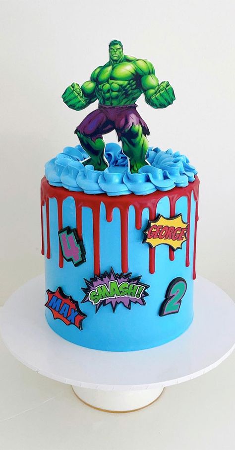 Hulk birthday cake, Hulk cake, Hulk-themed cake, hulk theme birthday cake, hulk birthday cake ideas, hulk cake ideas Hulk Cake Ideas, Hulk Cake Design, Comic Book Cake, Hulk Birthday Cake, Hulk Birthday Cakes, 28th Birthday Cake, Hulk Theme, Hulk Cake, Red Drip