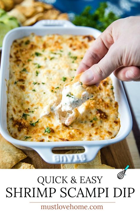 Easy Shrimp Scampi Dip is full of flavor and baked to creamy perfection. This crowd winner is simple to make with cooked shrimp in only 30 minutes. #mustlovehomecooking #shrimpdip #partyfood Shrimp Scampi Dip, Easy Shrimp Scampi, Cooked Shrimp, Delicious Dips Recipes, Easy Shrimp, Shrimp Scampi, Yummy Dips, How To Cook Shrimp, Best Appetizers