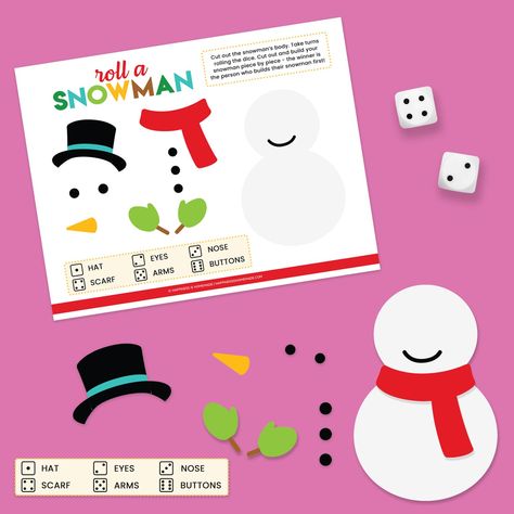 Roll A Snowman Dice Game Free Printable, Snowman Dice Game, Roll A Snowman, Snowman Jokes, Snowman Games, Sunday School Projects, Snowman Coloring Pages, Penguin Coloring Pages, Penguin Coloring