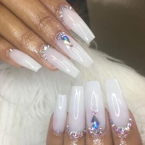 +25 Top White Nails With Rhinestones - POLYVORE - Discover and Shop Trends in Fashion, Outfits, Beauty and Home White Acrylic Nails With Rhinestones, White Nails With Rhinestones, Acrylic Nails With Rhinestones, Soft White Acrylic, Nails With Rhinestones, Long Acrylic Nail Designs, Nails Design With Rhinestones, White Acrylic Nails, Nail Art Instagram