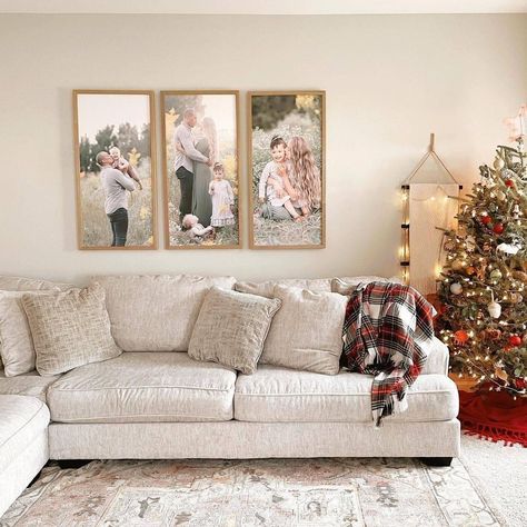 Portraits Behind Couch, Living Room Pictures Above Sofa, Behind The Couch Wall Decor Family Photos, Family Portraits In Living Room, Family Photo Wall Above Couch, Living Room Wedding Photo Display, Above Sectional Couch Wall Decor, Family Photos Over Couch, Picture Wall Ideas Above Couch