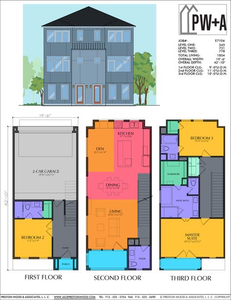 Three Story Duplex Plan – Preston Wood & Associates Townhouse Floor Plan, 3 Bedroom Townhouse, Duplex Plans, Modern Townhouse, Story Planning, 2 Story Houses, Electrical Plan, Big House, Two Story Homes