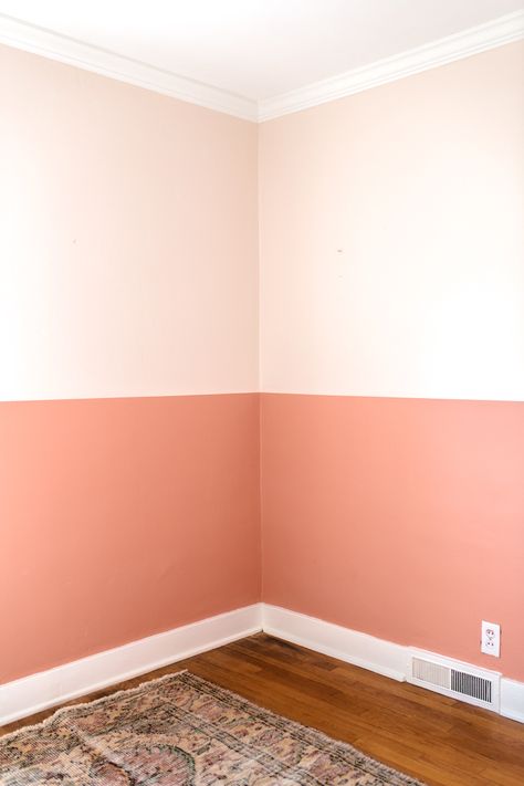 Nursery with Color Blocked Walls - Easy technique to color block walls without touch ups using HGTV HOME by Sherwin Williams paint in Salmon River Run and Nearly Peach from Lowe’s.  #colorblocked #colorblockedwalls #nurserywalls #nurseryideas #modernnursery #lowespartner #coralandpeach #colorfulroom #kidsroom #girlsroom #howto #sponsored Peach Colour Nursery, Coral Wall Paint Bedroom, Coral Feature Wall, Peach Paint Colors Bedrooms, Apricot Wall Color, Wall Color Ideas Pink, Peach Girls Bedroom, Peach Accent Wall, Peach Nursery Ideas