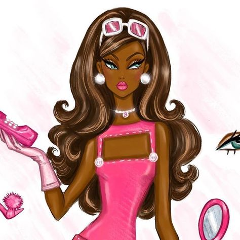 Vintage Black Barbie Art, Barbie Hayden Williams, Black Barbie Artwork, Black Barbie Painting, Melanin Barbie Aesthetic, Black Barbie Doll Aesthetic, Barbie Paintings, Black Barbie Art, Barbie Mattel