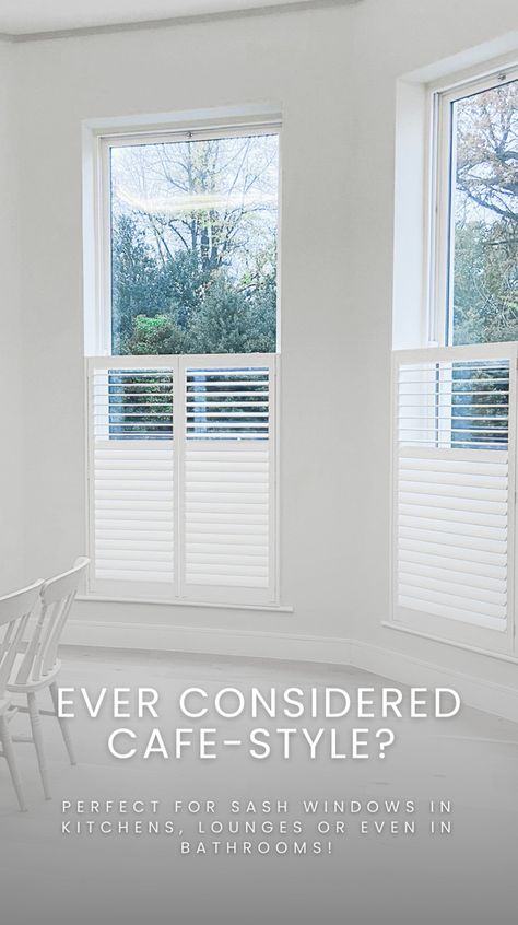 Cafe Shutters Kitchen, Cafe Shutters Bay Window, Cafe Shutters Living Room, Half Window Shutters, Window Cafe, Bathroom Window Coverings, Studio Aesthetics, Cafe Shutters, Cafe Style Shutters