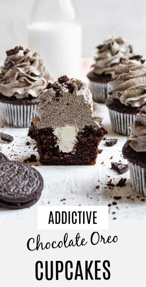 These Chocolate Oreo Cupcakes are not only tender, creamy, and moist but they are also loaded from the inside out with Oreo buttercream making then the most addictive cupcakes! |#chocolatecupcakes #easychocolatecupcakes #chocolatecupcakesrecipe #oreocupcakes #moistchocolatecupcakes #easycupcakesrecipe #easyoreocupcakerecipe #oreo #oreocookies #oreorecipe  #chocolateoreocupcakes #buttercream #oreobuttercream #oreofilling| Stuffed Cupcake Recipes, Gourmet Cupcakes Flavors, Unique Cupcake Flavors, Unique Cupcake Recipes, Baked Goods To Sell, Chocolate Oreo Cupcakes, Gourmet Cupcake Recipes, Oreo Cupcake Recipe, Recipe Cheesecake