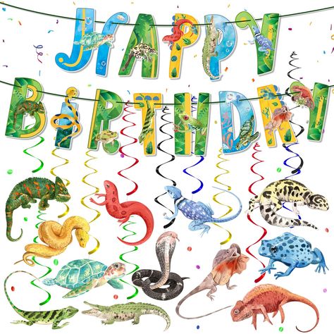 (Sponsored) Reptile Birthday Party Supplies Reptile Swamp Happy Birthday Banner and 12 Pcs Reptile Hanging Swirls Safari Animals Lizard Snake Alligator Turtle Camping Wilderness Jungle Birthday Party Decorations For Kids (As an Amazon Associate I earn from qualifying purchases) #campingparty Funny Reptiles, Alligator Turtle, Jungle Birthday Party Decorations, Reptile Birthday Party, Turtle Frog, Snake Party, Safari Scene, Reptile Party, Jungle Birthday Party