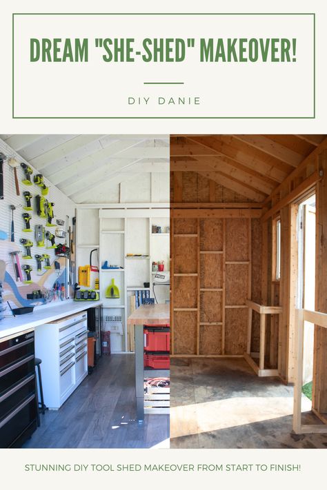 Stunning DIY Tool Shed Makeover From Start to Finish! Click the link to find out how I used @behr to transform this amazing creative space! #brandpartner #paintitpossible #paintwithme #BEHRTrends2021 Tiny Shed Storage Ideas, 8x12 Shed Organization, Old Metal Shed Makeover Ideas, Shed Hacks, Old Shed Makeover, Shed Workshop Ideas, Shed Renovation Ideas, Tool Shed Ideas, Shed Makeover Interior