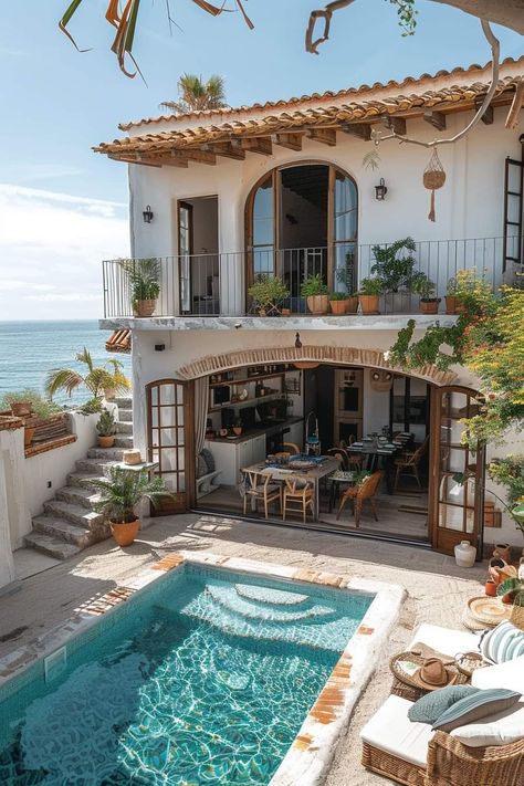 Italian Beach House Aesthetic, Beach Mediterranean House, Mediterranean Summer House, Beach House Mexico, Mediteranean Houses Interior Decor, Spanish Style Beach House, Mediterranean House Aesthetic, Summer Beach House Aesthetic, Spanish Beach House