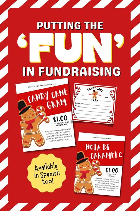 Christmas Candy Cane Grams are an easy and quick way to earn money for your school fundraiser! You can personalize and edit your template using a free and easy-to-use program called Canva. This template also comes in a Spanish version too! Candy Cane Grams, Fest Ideas, Unique Candy, Candy Grams, Way To Earn Money, Fall Fest, Student Council, Holiday Candy, School Fundraisers