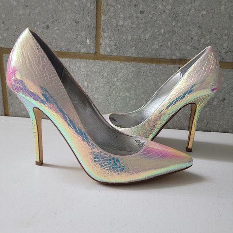 Iridescent White Mermaid Or Unicorn High Heel Pumps By Dune London, Size 7m, Eu 38. Nib. The Opalescent Pinkish White Hologram Like Mermaid High Heel Pumps Have A Heel About 4 Inches High. Textured Synthetic Upper And Pointed Toe With Padded Insole. New, Never Worn, Still In Original Box. Shoes Have Only Been Taken Out To Try On Inside. Mermaid High Heels, Ocean Heels, Iridescent Heels, Holographic Shoes, Dune London Shoes, Mermaid Heels, Iridescent Shoes, Mermaid Shoes, Coral Shoes