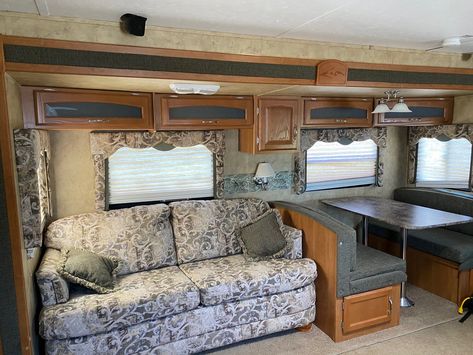 RV Before & After: The Big Interior Reveal — By Angela Camper Furniture, Rv Living Room, Rv Redo, Rv Interior Remodel, Rv Renovation, Diy Camper Remodel, Small Fireplace, Rv Makeover, Build A Camper Van