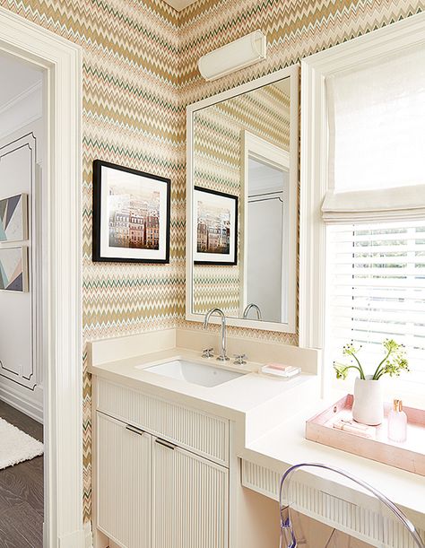 Trending Now: Fluting Is Back In Style (& We're Here For It) - House & Home Missoni Wallpaper, Brian Gluckstein, Chic Bathrooms, Princess Margaret, Bathroom Trends, Small Bathroom Design, Green Bathroom, Bathroom Storage Cabinet, Striped Wallpaper