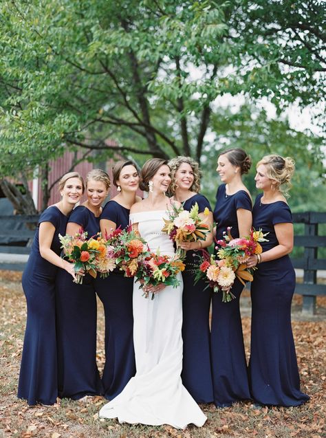 Navy 'Maids Navy Floral Bridesmaid Dresses, Navy Dresses Bridesmaid, Navy Dress Bridal Party, Navy Mix And Match Bridesmaid Dresses, Navy Blue Bridesmaid Dresses Fall, Flowers For Navy Bridesmaid Dresses, Blue Bridesmaids Colorful Flowers, Navy Blue And Burnt Orange Wedding Bridesmaid Dresses, Navy Blue Bridesmaids Dresses