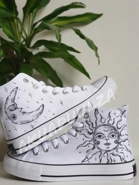 Sun and Moon Hand Painted Shoes / Stay Wild Moon Child | Etsy Converse High Tops Design, Painted Low Top Converse, Customized White Converse, White Converse Designs, Custom High Tops, White Converse Drawing On Shoes, Drawing On White Converse, Converse Shoe Art, White Converse Painting Ideas