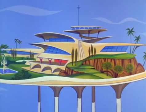 60's futurism: The mansion of billionaire J.P. Gottrockets in the January 6, 1963 episode of The Jetsons Broyhill Sculptra, Googie Design, Evil Lair, Googie Architecture, Atomic Space Age, Futurisme Retro, Graphisches Design, The Jetsons, Mid Century Architecture