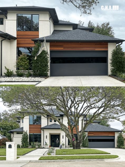 Unique Interior Doors, White Exterior Houses, Overhead Garage Door, Overhead Garage, Home Exchange, Contemporary House Exterior, Our Happy Place, Home Exterior Makeover, Home Meals