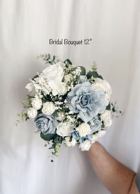 Dusty Blue Bridal Bouquet With Faux Flowers, Blue Bouquets, White Bridal Bouquet, White Fake Bouquet, White and Green Bouquet, - Etsy Wedding Bouquets With Blue Flowers, Bride Bouquets Blue And White, Blue And Green Flower Bouquet, White And Blue Bride Bouquet, Blue Flower Wedding Bouquet, Dusty Blue Wedding Bouquet, Dusty Blue Bridal Bouquet, Blue And White Wedding Flowers, Wedding Bouquets Blue