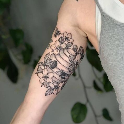 30 Best Honeycomb Tattoo Ideas  31 Bumble Bee Sleeve Tattoo, Bee Hive Tattoo Ideas, Bee Themed Tattoo, Bee With Flowers Tattoo, Bee Sleeve Tattoo, Bee And Honeycomb Tattoo, Bee Hive Tattoo, Honeycomb Tattoo Sleeve, Beehive Tattoo