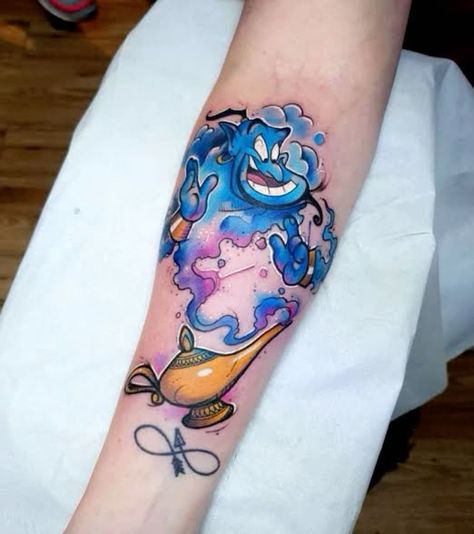 90s Tattoo Ideas Sleeve, Genie Tattoo Disney, 90s Disney Tattoos, Genie Tattoo Ideas, 90s Cartoon Tattoos Sleeve, Aladdin Tattoo Ideas, Disney Pixar Tattoos, Genie Tattoo, Aladdin Tattoo