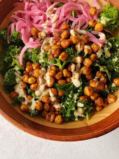 Chickpea Caesar Salad, Chickpea Croutons, Vegan Pesto Pasta, Crunchy Chickpeas, Healthy Egg Breakfast, Spiced Chickpeas, Vegan Pesto, Tahini Dressing, Pickled Red Onions