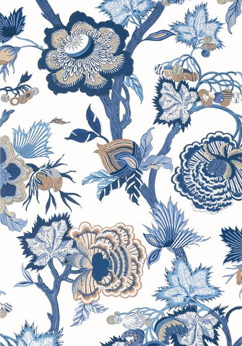 The Indienne Collection is a fresh take on a centuries-old style with lively patterns in vegetable-dyed shades of indigo, raspberry, and teal, balanced with softer color palettes, including beige and spa blue. #interiordesign #wallpaper #fabric #indianinspired #homedecor #homeinspiration Jacobean Wallpaper, Large Print Wallpaper, Blue And White Wallpaper, Blue Floral Wallpaper, Thibaut Wallpaper, Washable Wallpaper, Floral Textile, Indian Prints, Beige Wallpaper