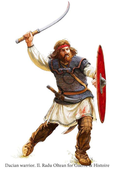 Dacian warrior wielding a single-handed Falx which was more effective because it could be paired with a shield. He also wears chainmail armor with Roman styled shoulder doubling which could have been taken off of a dead Roman soldier or due to Dacia's extensive iron mines and expert iron workers, could have been forged by the Dacians themselves Germanic Tribes, Historical Warriors, Ancient Warfare, Historical Armor, Early Middle Ages, Medieval Period, Viking Warrior, Iron Age, Anglo Saxon