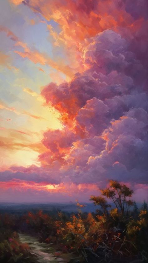 Oil Scenery Painting, Oil Painting Phone Wallpaper, Aesthetic Oil Painting Wallpaper, Love Oil Painting Aesthetic, Oil Painting Aesthetic Landscape, Oil Painting Wallpaper Aesthetic, Clouds Painting Aesthetic, Dark Clouds Painting, Sunset Cloud Painting