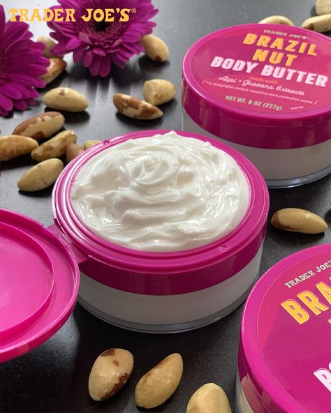 An open tub of thick, white Trader Joe's Brazil Nut Body Butter sits among unopened tubs and handfuls of raw Brazil nuts. Brazil Nut Body Butter, Disney Spirit Jersey, Brazil Nut, Brazil Nuts, Trader Joe’s, Trader Joe, Trader Joe's, List Ideas, Trader Joes