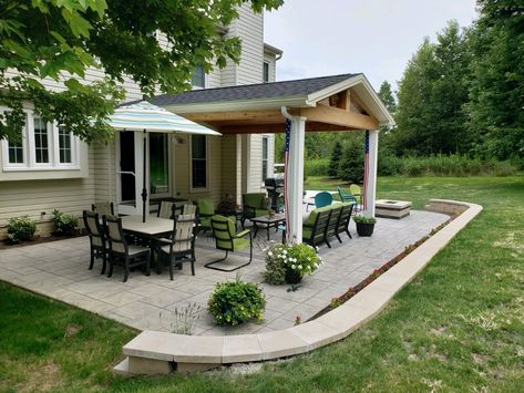 Covered Patio Side Of House, Extending A Covered Patio, Paver Patio With Covered Porch, Covered Patio With Pavers, Partial Covered Patio Ideas, Covered Side Porch Ideas, Covered And Uncovered Patio, Cement Patio With Pergola, Partially Covered Patio Ideas