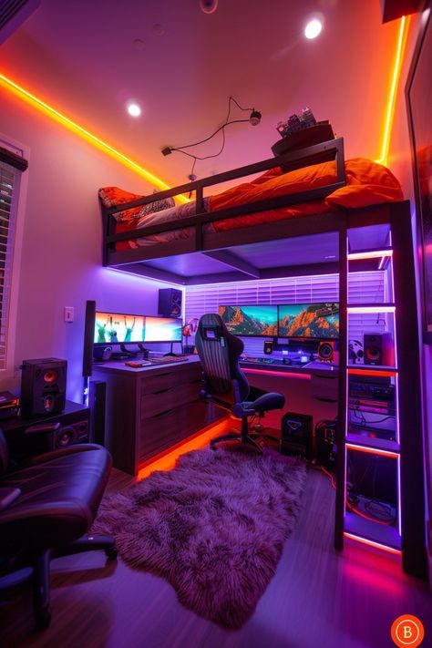 Gaming Setup Under Loft Bed, Loft Bed Bedroom Ideas, Small Gamer Bedroom, Boys Loft Bedroom, Streetwear Room, Small Room Setup, Gaming Bedroom, Gamer Bedroom, Small Game Rooms