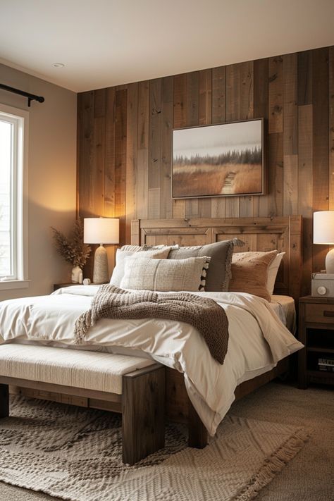 40 Cottage Bedroom Ideas: Vintage Touches and Minimalist Accents - Quiet Minimal Bedroom Ideas Rustic Farmhouse Style, Vintage Rustic Bedroom Ideas, Modern Rustic Master Bed, Modern Rustic Decor Bedroom, Small Rustic Bedroom Ideas, Bedroom Ideas Cabin, Wood Bed Ideas, Rustic Bedroom Ideas Farmhouse, Cabin Wall Ideas