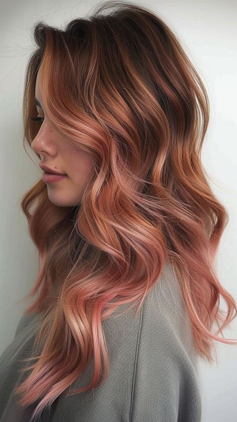 9000+ hair styles, long hair styles, hair color, Trendy and Unique Hairstyle --- Wedding Hair, Girl Hair Woman Blond And Rose Gold Hair Highlights, Rusty Hair Color, Rose Gold Bayalage, Styles For Dark Hair, Copper And Pink Hair, Colored Balayage, Rose Balayage, Dark Hair Balayage, Copper Rose Gold Hair