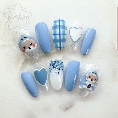 Blue Teddy Bear Nails, Hamster Nail Art, Hamster Nails, Shark Nail Art, Shark Nails, Nail Cartoon, Nail Korea, X Nails, Kawaii Nail Art