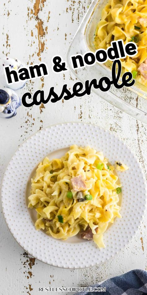 Easy ham and noodles casserole recipe is comfort food that's full of old fashioned flavor! Tender egg noodles and ham are covered in a creamy sauce and baked with a thick layer of cheese on top. Ham And Noodles, Cheesy Casserole Recipes, Ham And Noodle Casserole, Restless Chipotle, Noodle Casserole Recipes, Cheesy Ham, Ham Casserole, Easy Ham, Casserole Easy