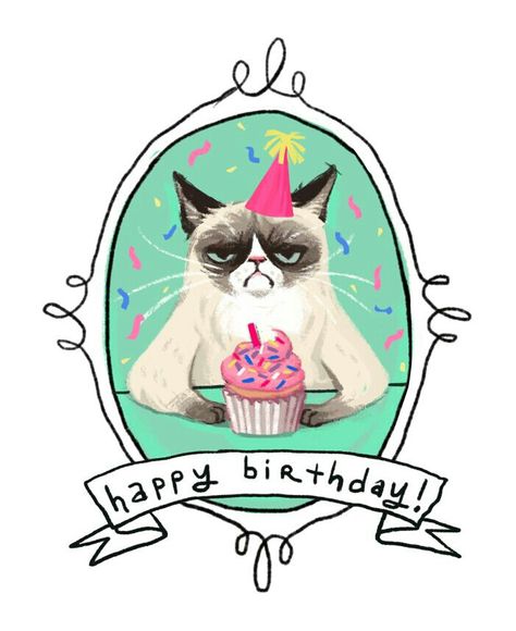 Grumpy cat happy birthday Grumpy Cat Birthday, Bday Wishes, Birthday Illustration, Happy Birthday Pictures, Birthday Cupcake, Birthday Meme, Hip Hip, Cat Birthday, Happy B Day