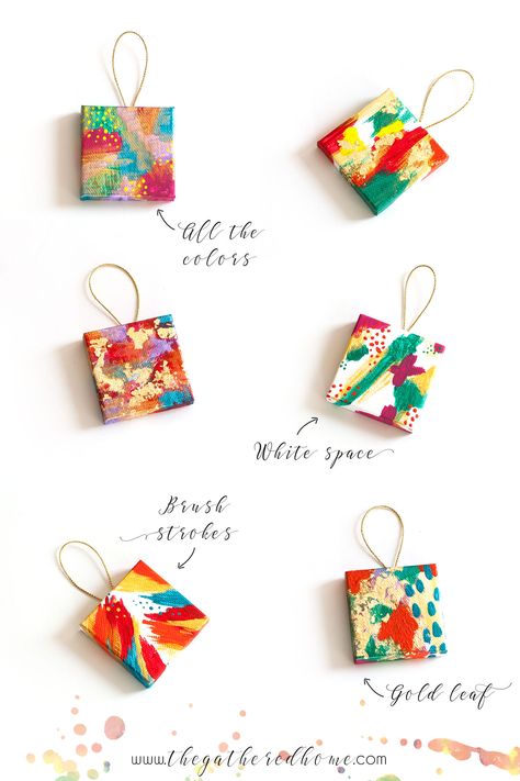 Eclectic Ornaments of Christmas: DIY Miniature Abstract Ornaments - The Gathered Home Abstract Ornaments, Painting Ornaments, Canvas Ornaments, Acrylic Markers, Acrylic Craft Paint, Colorful Abstract Art, Christmas Ornament Crafts, Ornament Crafts, Mini Paintings