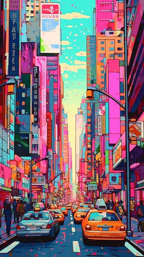 City Illustration Art, Pop Art Landscape, Cityscape Artwork, City Scape Painting, Cityscape Wallpaper, French Bulldog Art, Art Twitter, Acrylic Art Projects, Anime City